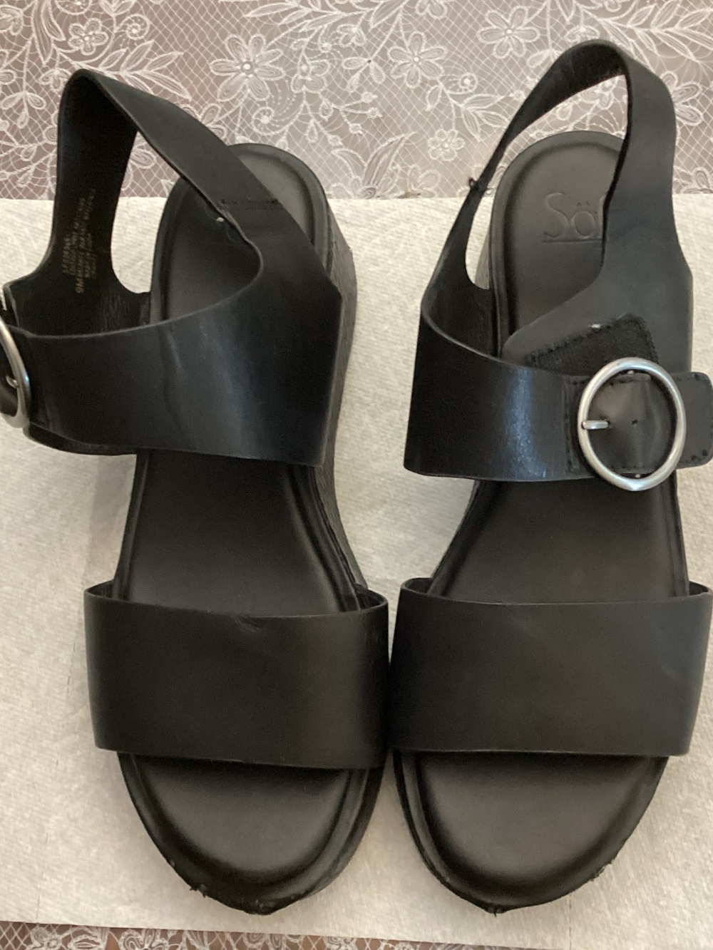 Sofft Black Leather Platform Slingback Sandals with Round Silver Buckle